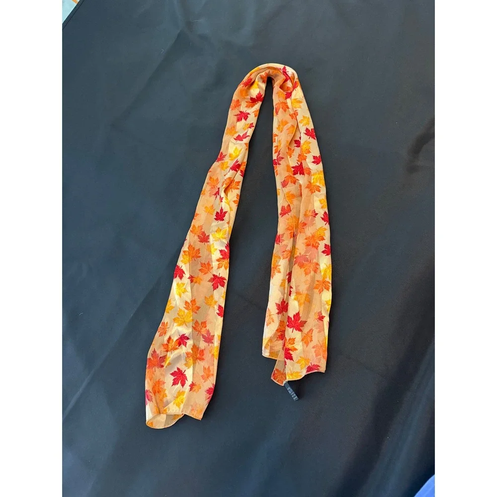 Autumn Maple Leaf Print Oblong Scarf Orange Red Yellow Silk Feel Fall Accessory